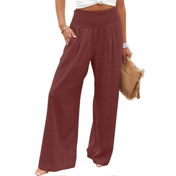 Tuphregyow Women's Straight Leg Leisure Slim Pants Travel Outdoor Office Solid Breathable Cotton Linen Fashion Comfy Pants Trendy High Waist Pleated with Pockets Trousers Wine XXL