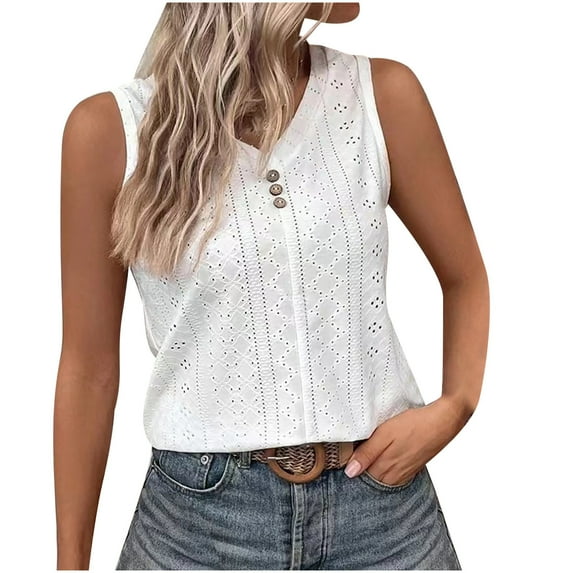 Tuphregyow Women's Summer Blouse - Casual Round Neck Buckle Tank T-shirt Tops - Loose Flowy Pleated Basic Workout Slim Beach Relaxed White M
