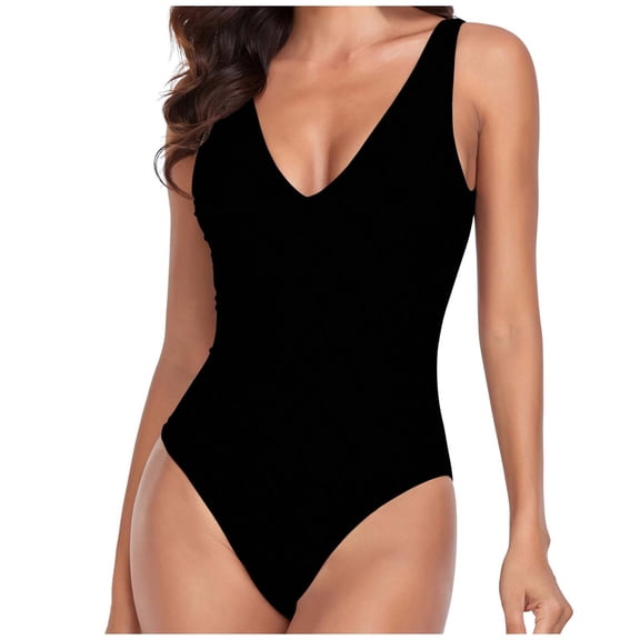 Tuphregyow Women's Swimsuit Breathable Low Back Plunge Swimwear New Style Solid Trendy Nylon Blackless Halter Casual One Piece Swimsuit Black L