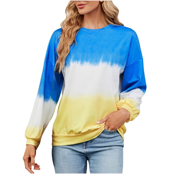 Tuphregyow Women's Tops Classic Travel Slouchy Work Blouse Solid Trendy New Style Striped Long Sleeve Shirts Leisure Round Neck Tunic Blue XXL