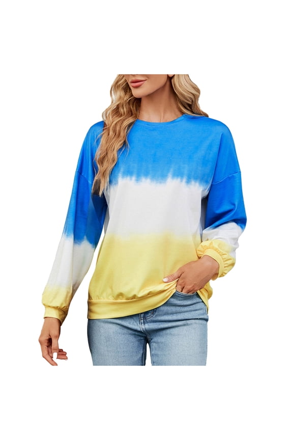 Women's Tops Classic Travel Slouchy Work Blouse Solid Trendy New Style Striped Long Sleeve Shirts Leisure Round Neck Tunic Blue XXL