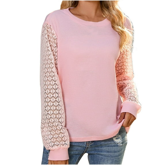 Tuphregyow Women's Tops Hollow Out Lantern Long Sleeve Tops Print Trendy Classic New Style Loose Round Neck Tunic Vacation Office Work Blouse Pink XL