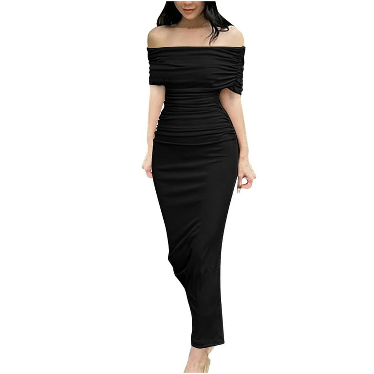 Tuphregyow Women s Trendy Dress Long Dress Clearance Short Sleeve Flat Shoulder Dress Soild Color Summer Slim Tight Fit Hip Business Dress Black XL Walmart