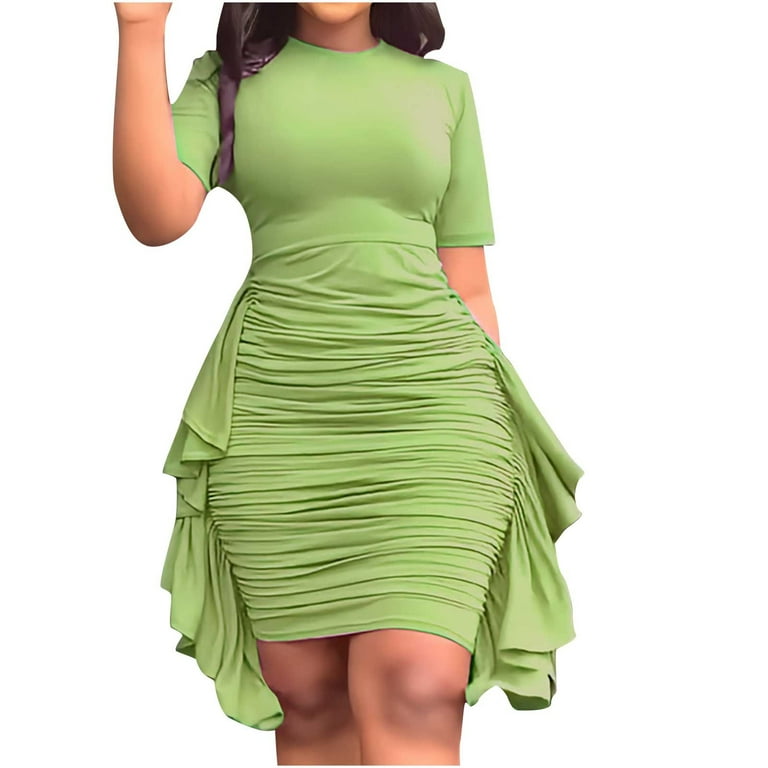 Tuphregyow Women's Trendy Dress Mini Dress Clearance Short Sleeve Slim Sexy  Tight Fit Hip Pleated Summer Round-Neck Dress Soild Color Dress Green XXL