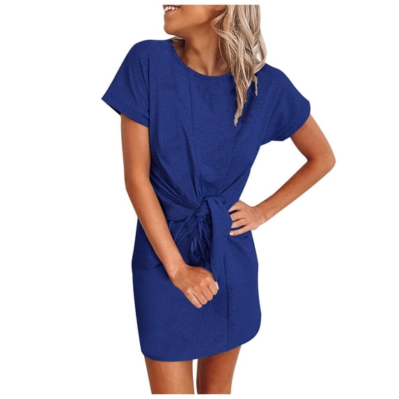 Tuphregyow Women's Trendy Dress Swing Dress Short Sleeve Round-Neck Dress Waist Tie Fashion Elegant Business Summer Soild Color Dress Blue XXL