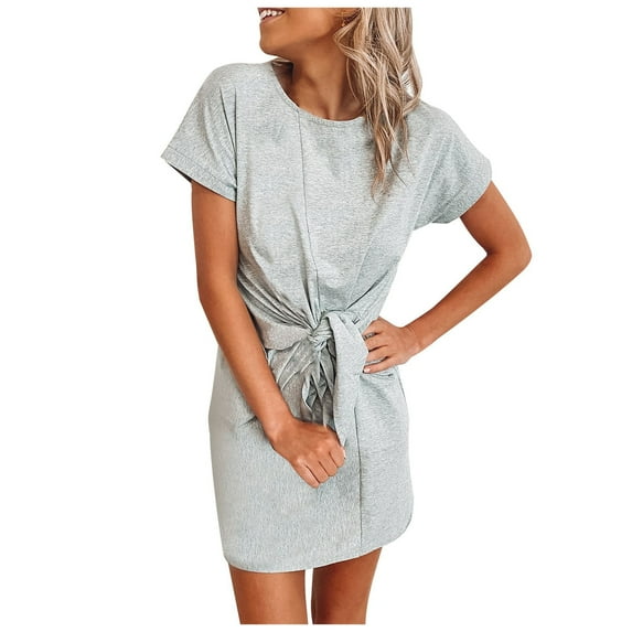 Tuphregyow Women's Trendy Dress Swing Dress Short Sleeve Round-Neck Dress Waist Tie Fashion Elegant Business Summer Soild Color Dress Gray S