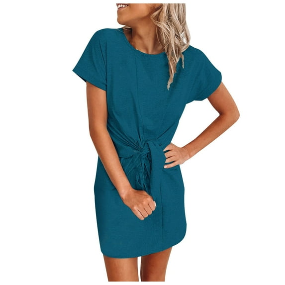 Tuphregyow Women's Trendy Dress Swing Dress Clearance Short Sleeve Round-Neck Dress Waist Tie Fashion Elegant Business Summer Soild Color Dress Green M