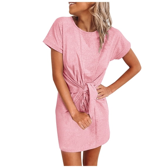 Tuphregyow Women's Trendy Dress Swing Dress Short Sleeve Round-Neck Dress Waist Tie Fashion Elegant Business Summer Soild Color Dress Pink S