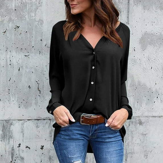 Tuphregyow Women's Tunic Clearance Classic Dressy Casual Blouse New Style Solid Breathable Trendy V Neck Button Down Shirts Long Sleeve Leisure Loose Tops Black M