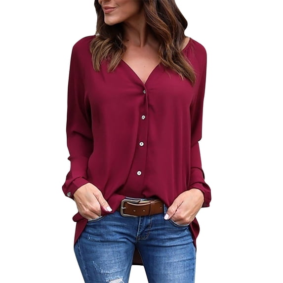 Tuphregyow Women's Tunic Clearance Classic Dressy Casual Blouse New Style Solid Breathable Trendy V Neck Button Down Shirts Long Sleeve Leisure Loose Tops Wine XL