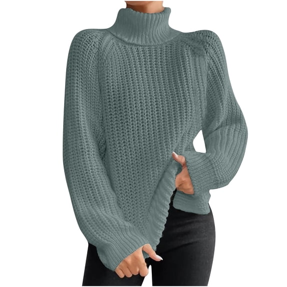 Tuphregyow Women's Turtle Neck Knit Sweater Solid Trendy Loose Fashion Ribbed Sweaters Dressy Winter Leisure Long Sleeve Crochet Pullover Green M