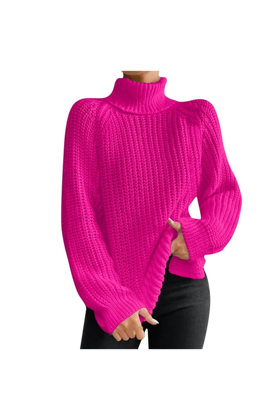 Women's Turtle Neck Knit Sweater Solid Trendy Loose Fashion Ribbed Sweaters Dressy Winter Leisure Long Sleeve Crochet Pullover Hot Pink XL