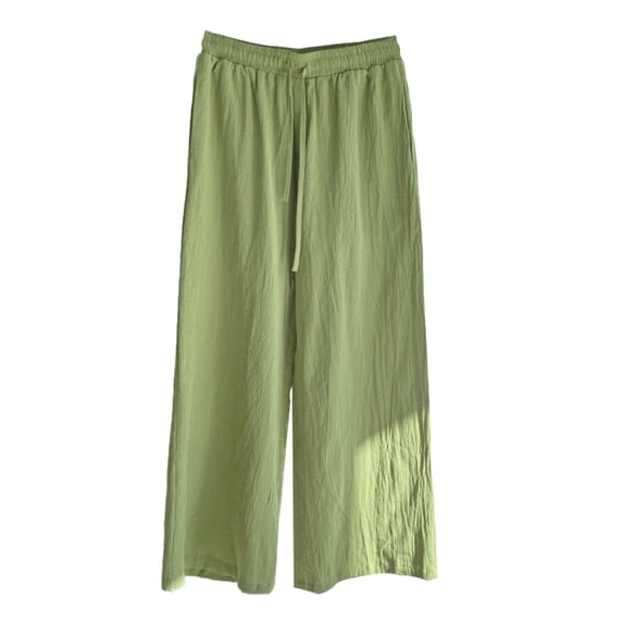 Tuphregyow Women's Wide Leg Oversized Capris Clearance Solid Cotton Linen Pleated Baggy with Pockets Pants Fitting Drawstring Mid Waist Loose Soft Trousers New Style Trendy Green S