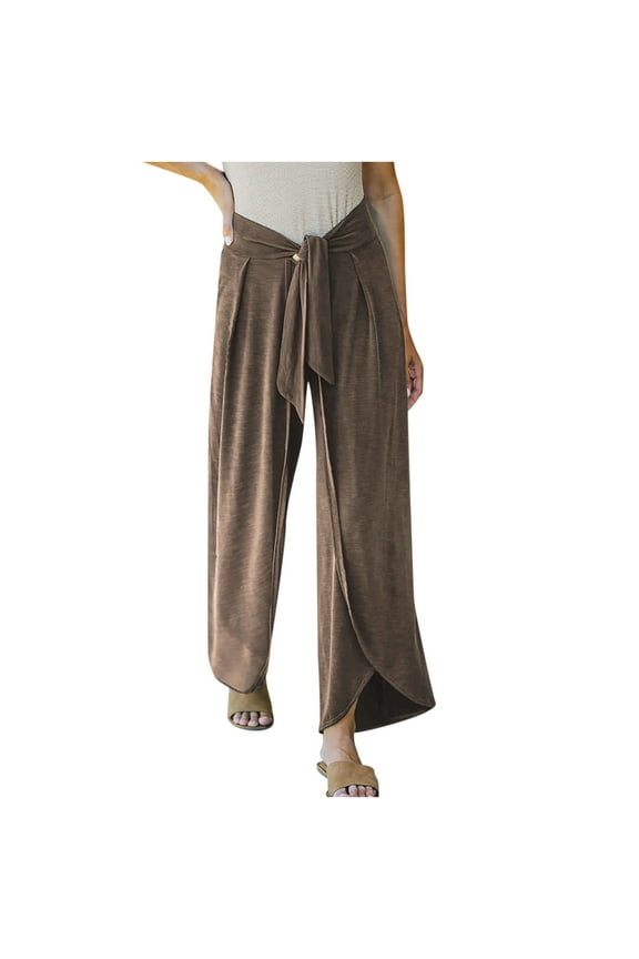 Women's Wide Leg Slit Flowy Pants High Waist Cotton with Wrap Belt Pants New Style Trendy Solid Comfy Straight Leg Pleated Trousers Relaxed Outdoor Travel Coffee L