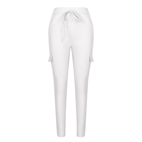 Tuphregyow Women's Workout Drawstring Cargo Pants Trendy Straight Leg Loose Trousers with Pockets High Waist Leisure Comfy Pants Travel Outdoor New Style Solid Classic White XL