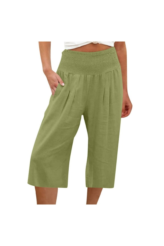 Womens Cotton Linen Wide Leg Pant Comfy Straight Quick Dry Capris Elastic Casual Fitting Pants Workout Knee Length Pants With Pockets Solid Mint Green S