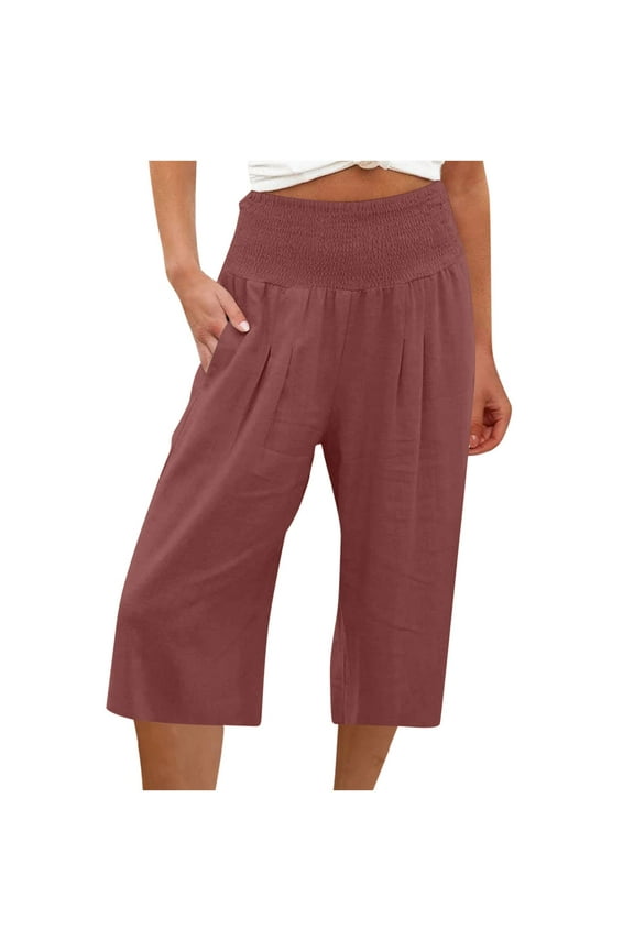 Womens Cotton Linen Wide Leg Pant Comfy Straight Quick Dry Capris Elastic Casual Fitting Pants Workout Knee Length Pants With Pockets Solid Wine S
