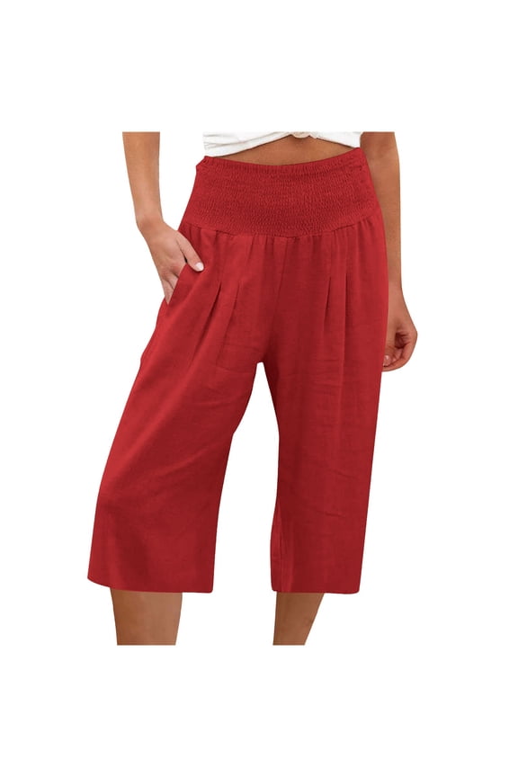 Womens Cotton Linen Wide Leg Pant High Waist Casual Straight Pant Elastic Comfy Fitting Pants Workout Knee Length Pants With Pockets Solid Watermelon Red L