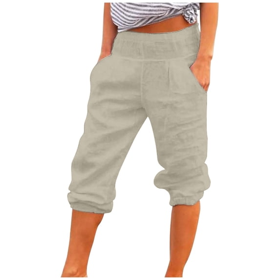Tuphregyow Womens Cotton Linen Wide Leg Pants High Waist Straight Pants Leisure Quick Dry Capris Workout Knee Length Pants With Pockets Solid Coffee M