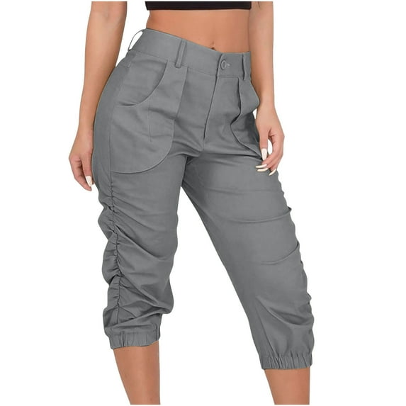 Tuphregyow Womens High Waist Button Pant Comfy Quick Dry Harem Capris Elastic Casual Fitting Pants Workout Knee Length Pants With Pockets Solid Gray M