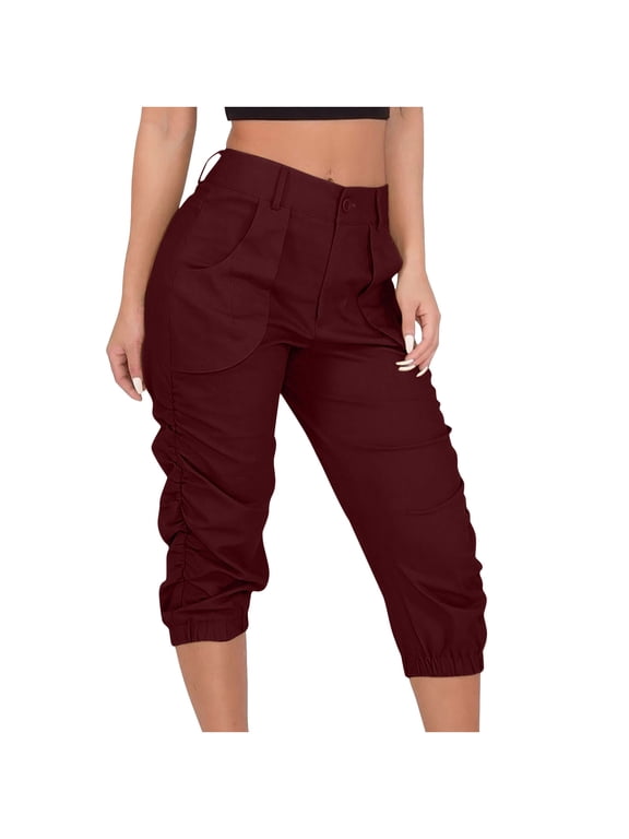 Womens High Waist Button Pant Comfy Quick Dry Harem Capris Elastic Casual Fitting Pants Workout Knee Length Pants With Pockets Solid Wine XXL