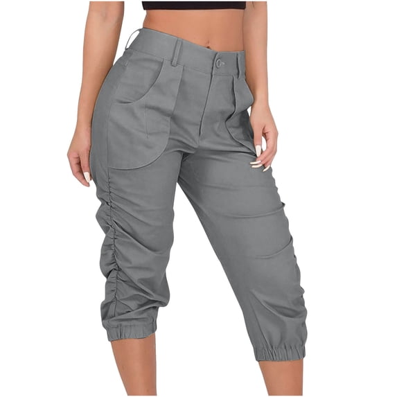 Tuphregyow Womens High Waist Button Pant Comfy Quick Dry Harem Capris Elastic Casual Fitting Pants Workout Knee Length Pants With Pockets Solid Gray XL