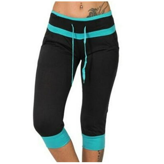 Tuphregyow Womens High Waist Drawstring Pant Comfy Colorblock Quick Dry Capris Elastic Casual Fitting Pants Workout Knee Length Pants With Pockets Solid Black L