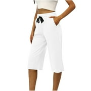 TUPHREGYOW Womens High Waist Drawstring Pant Leisure Quick Dry Capris Elastic Casual Fitting Pants Workout Knee Length Pants With Pockets Print White XL