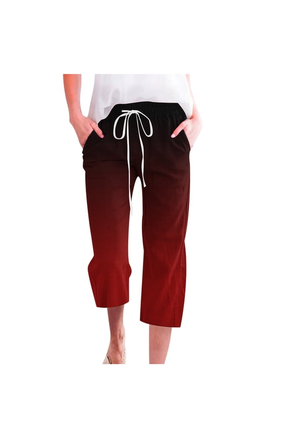 Womens High Waisted Drawstring Wide Leg Pants Comfy Casual Loose Trousers with Pockets Elastic Pants Straight Gradian Color Red XXXL