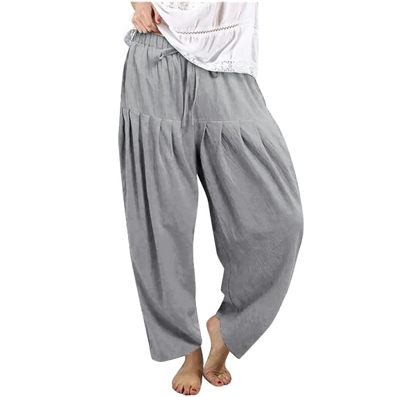 Tuphregyow Womens High Waisted Drawstring Wide Leg Pants Comfy Casual Loose Trousers with Pockets Loose Straight Pants Solid Color Gray L