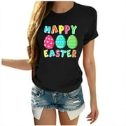 Tuphregyow Womens Shirts Clearance Short Sleeve Round Neck Tunic Tops Casual Blouse Plus Size T Shirts for Women Basic Pullover Easter Eggs Graphic Letter Print Tee Y2K Clothing Summer Black L