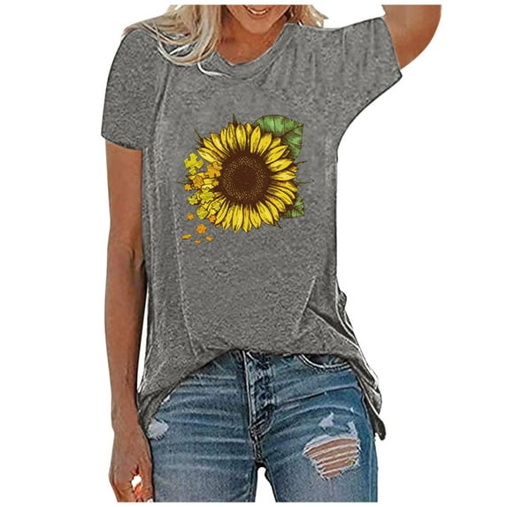 Tuphregyow Womens Tops Clearance Sunflower Graphic Tee Short Sleeve O-Neck Tunic Tops Y2K Clothing Plus Size T Shirts for Women Basic Pullover Casual Blouse Summer Gray XL