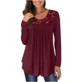 thumbnail image 1 of Tuphregyow Womens Tops Long Sleeve Plus Size Tunic Top For Ladies Comfy Casual Solid Color Lace Hollow Out Blouse T-Shirt Loose Tummy Hiding Round Neck Wine M, 1 of 7
