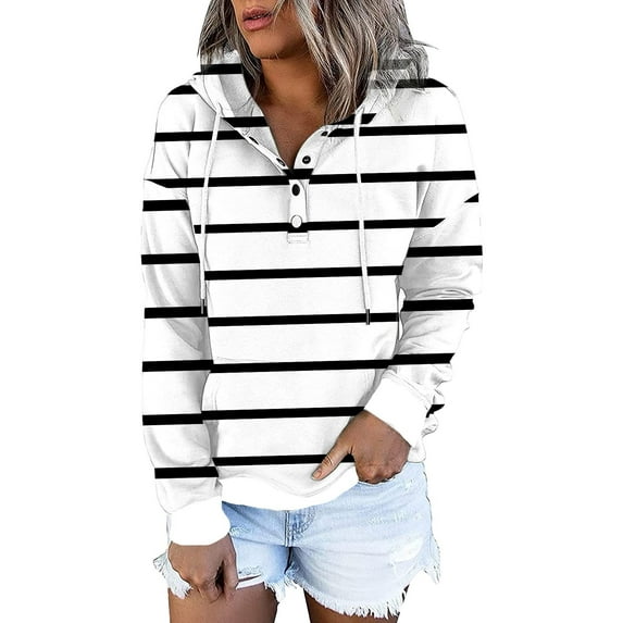 Tuphregyow Womens Tops Plus Size Tunic Top For Ladies Drawstring Hooded Neck Striped Long Sleeve Comfy Casual Buttons Oversized Sweatshirt with Pocket Loose Tummy Hiding Black S
