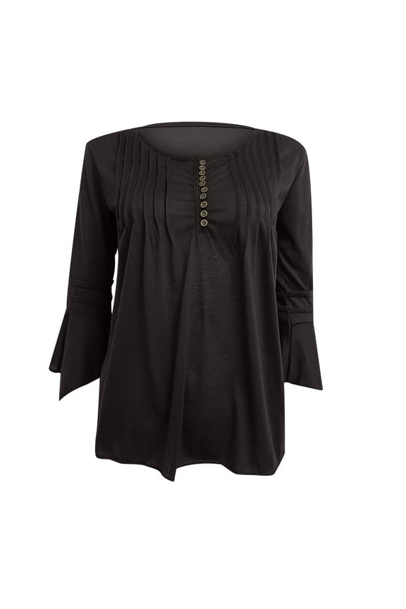 Womens Tops Solid Color Round Neck Long Sleeve Plus Size Tunic Top For Ladies Comfy Casual Empire Waist Oversized Swing Long Buttons Blouse Loose Tummy Hiding Black XXL