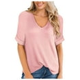 thumbnail image 1 of Tuphregyow Womens Tops Summer Waffle Solid Color Tee Short Sleeve V-Neck Tunic Tops Y2K Clothing Loose Pullover Casual Blouse Plus Size T Shirts for Women Pink XXL, 1 of 1