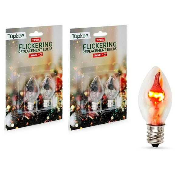 Tupkee C7 Flickering Flame Bulb - 1W Light Bulb w/Orange Glow That Flickers & Dances Up & Down - Replacement for E12 Base Christmas Candolier Window Candle, 2/Pkg, Pack of 2 Total 4 Bulbs