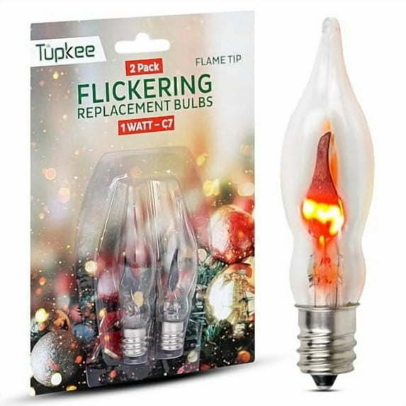 Tupkee C7 Flickering Flame Tip Bulb - 1W, Incandescent Light Bulb with Orange Glow That Flickers and Dances Up and Down - Replacement for E12 Base Halloween, Christmas Candolier Window Candle - 2/Pkg