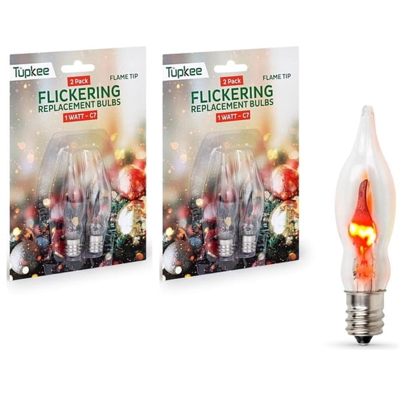 Tupkee C7 Flickering Flame Bulb 1W Light Bulb with a Orange Glow That Flickers and Dances Up and Down - Replacement for E12 Base Christmas Candolier Window Candle - 2/Pkg, Pack of 2 Total 4 Bulbs