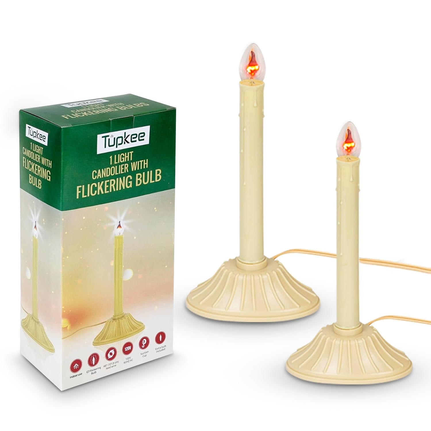Tupkee Christmas Candolier Window Candle  with Flickering Bulb  Single Indoor -Flameless Electric Window Candle Candelabra - 2 Pack