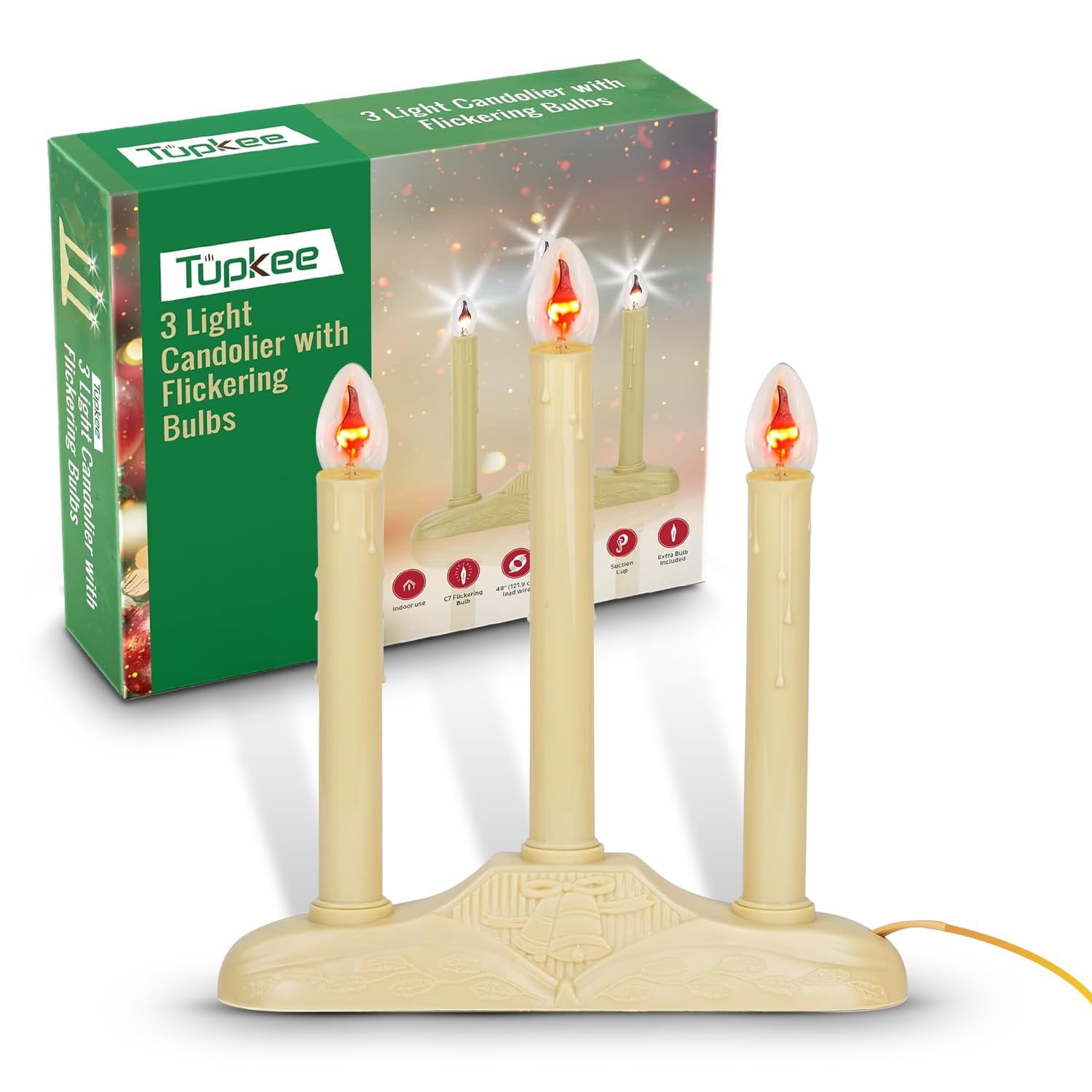 Tupkee Christmas Candolier Window Candles  with Flickering Bulbs  3-Lights Indoor -Flameless Electric Window Candles Candelabra