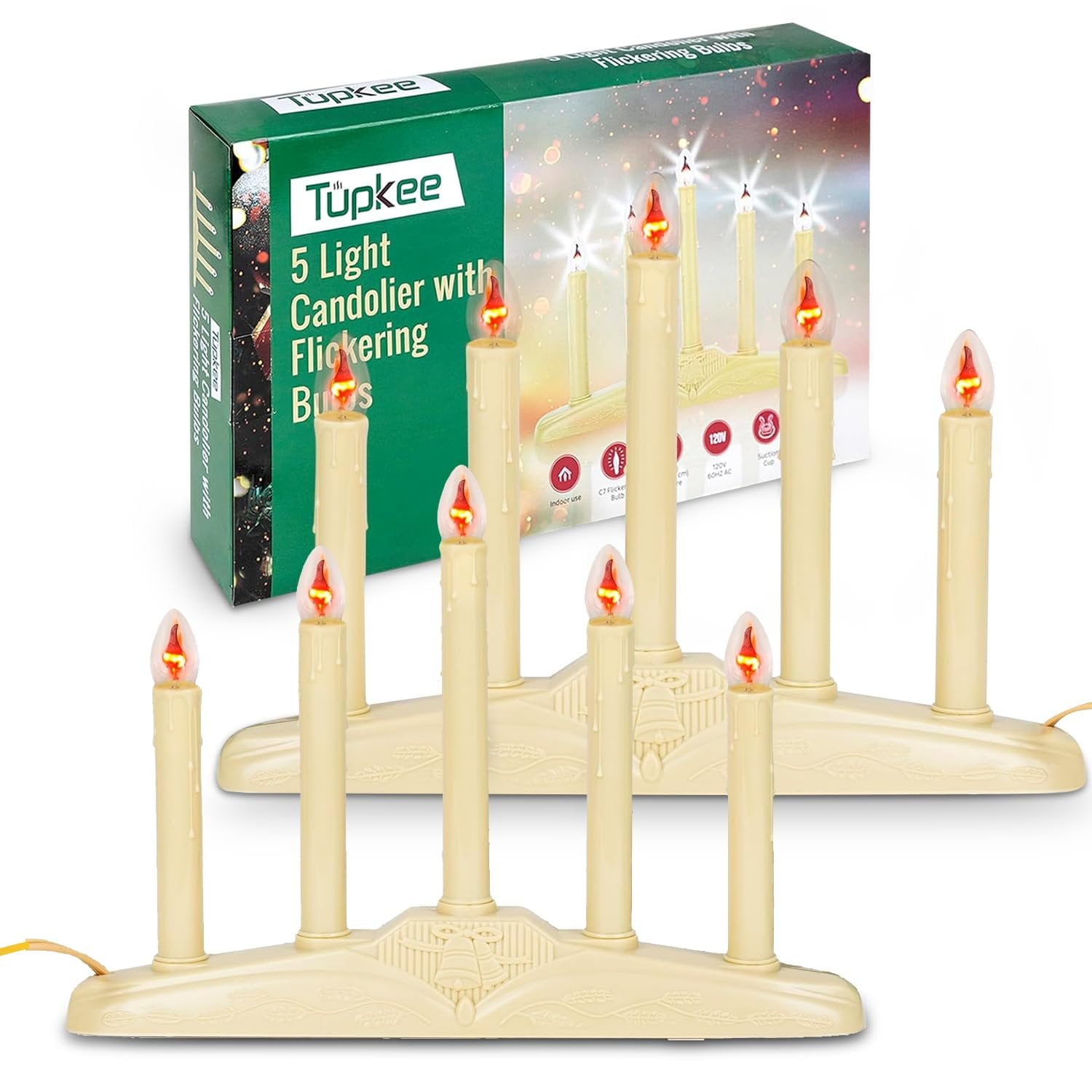 Tupkee Christmas Candolier Window Candles  with Flickering Bulbs  5-Lights Indoor -Flameless Electric Window Candles Candelabra - 2 Pack