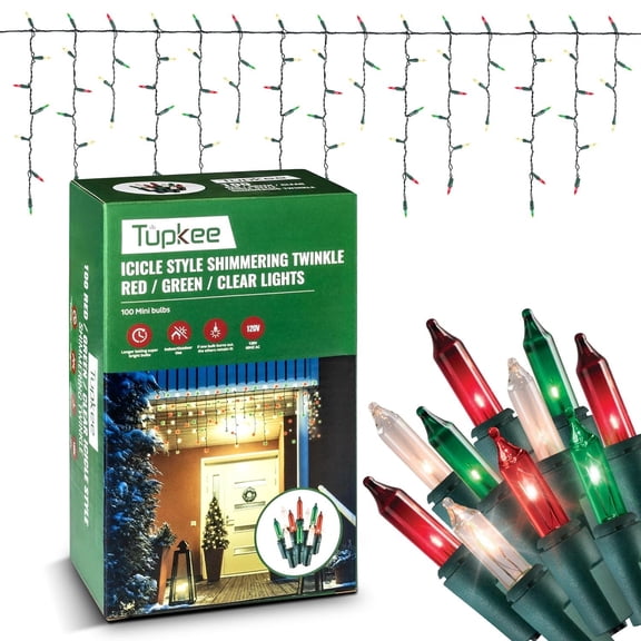 Tupkee Christmas Icicle Lights 100 Red, Green & Clear Bulbs - Random Shimmering Twinkle Lights - 12 of 100 Bulbs Twinkle - 7 Feet, Icicle Style Mini Lights - Indoor & Outdoor Christmas Decorations