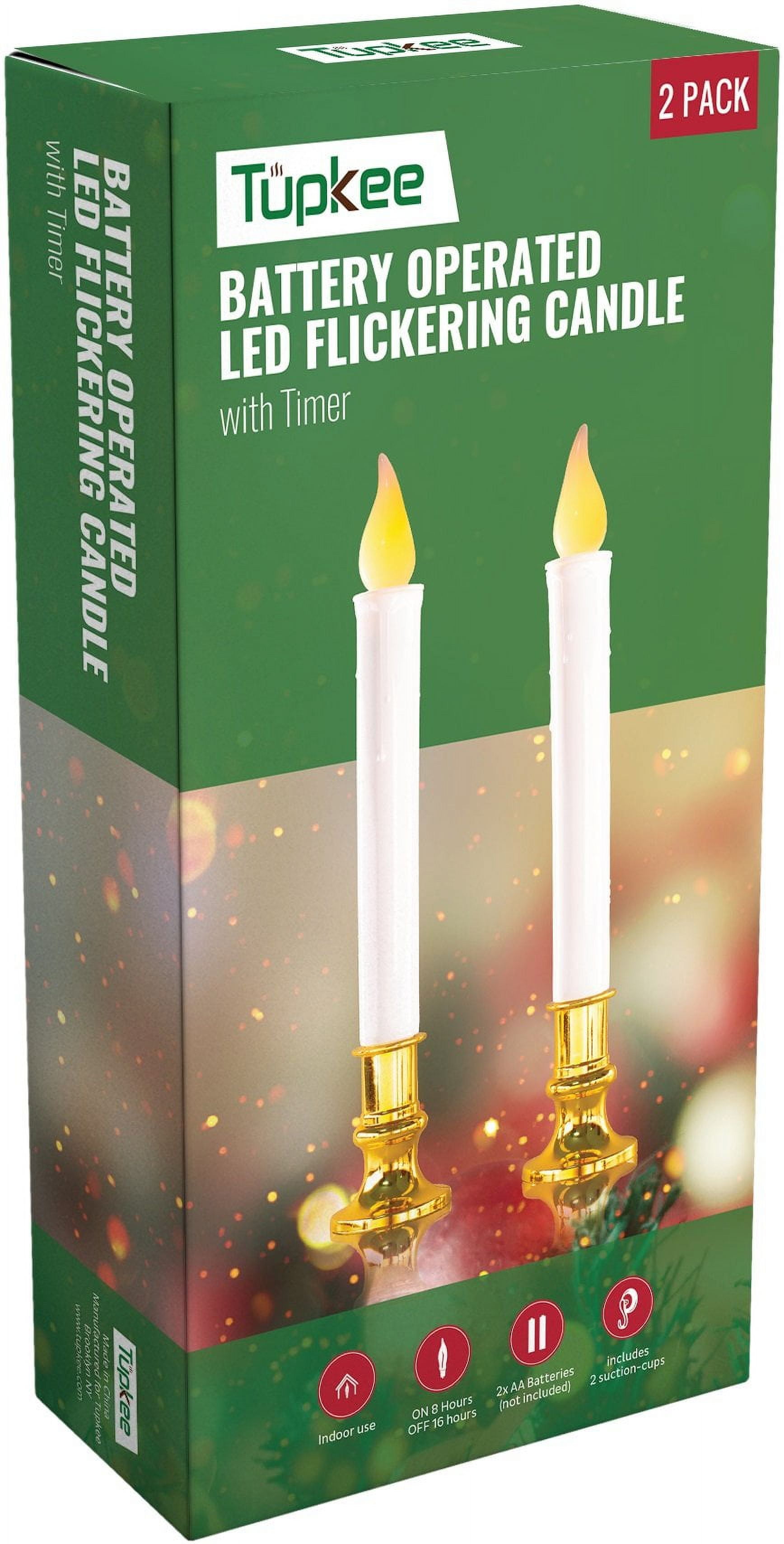 Tupkee Flickering LED Window Candles  Set of 2 Battery-Operated Flameless Christmas Candles with Flickering Flame & Timer for Holiday Window & Home Decoration