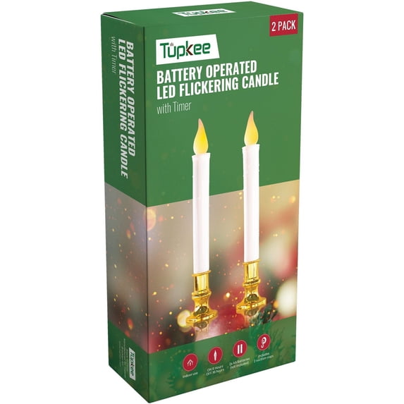 Tupkee Flickering LED Window Candles Set of 2 Battery-Operated Flameless Christmas Candles with Flickering Flame & Timer for Holiday Window & Home Decoration