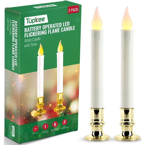 Tupkee Flickering LED Window Candles Set of 2 Battery-Operated Flameless Christmas Candles with Flickering Flame & Timer for Holiday Window & Home Decoration