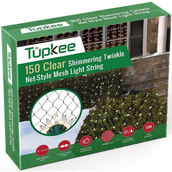 Tupkee Christmas Light Net  150 Clear Warm Mesh Lights - Random Shimmering Twinkle Lights - 21 of 150 Lights Twinkle - 4 ft x 6 ft  Outdoor / Indoor  Net Lights for Bushes, Hedges or Trees