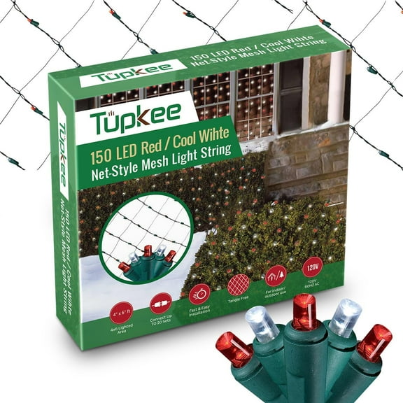 Tupkee Christmas Light Net 150 LED Red & White, Candy Cane Peppermint Mesh Lights - 4 ft x 6 ft Outdoor / Indoor Net Lights for Bushes, Hedges or Trees