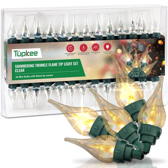 Tupkee Christmas Random Shimmering Twinkle Flame Tip Light Set - 8 of 50 Lights Twinkle 50 Clear Mini Bulbs with Flame Tip Covers - Indoor Outdoor - 15.5 Feet String - Holiday Decor Christmas...
