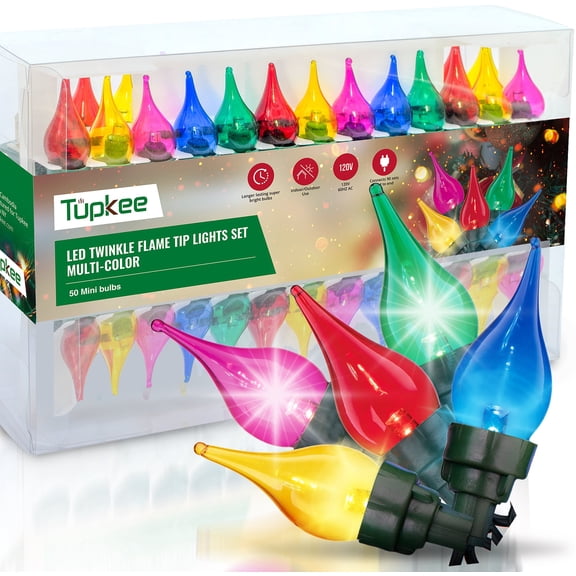 Tupkee Christmas Random Twinkle Flame Tip Light Set - 10 of 50 Lights Twinkle 50 LED Multicolor Mini Bulbs With Flame Tip Covers - Indoor Outdoor - 15.5' String - Holiday Decor Christmas Tree Lights